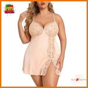 Plus Size Satin Babydoll Chemise Lace Nightgown Sexy Lingerie